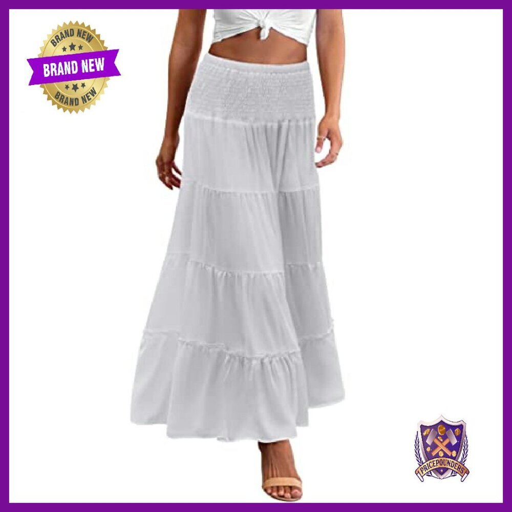 Long Maxi Skirt Tiered Elastic High Waist Boho A-Line Midi Dress - Picture 2 of 8